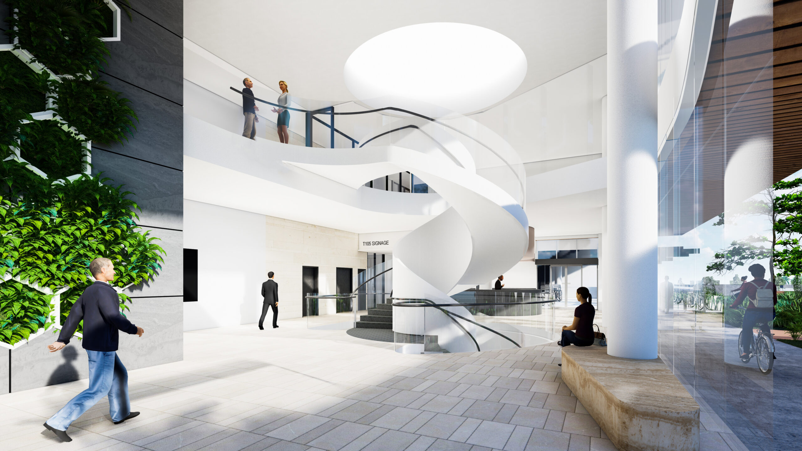 Interior of the the Gold Coast Centre for Medical Excellence building showcasing a large green wall on the left and a central white spiral staircase with a seamless glass balustrade. The staircase is illuminated from above through a circular cutout in the ceiling, featuring inset LED lights.