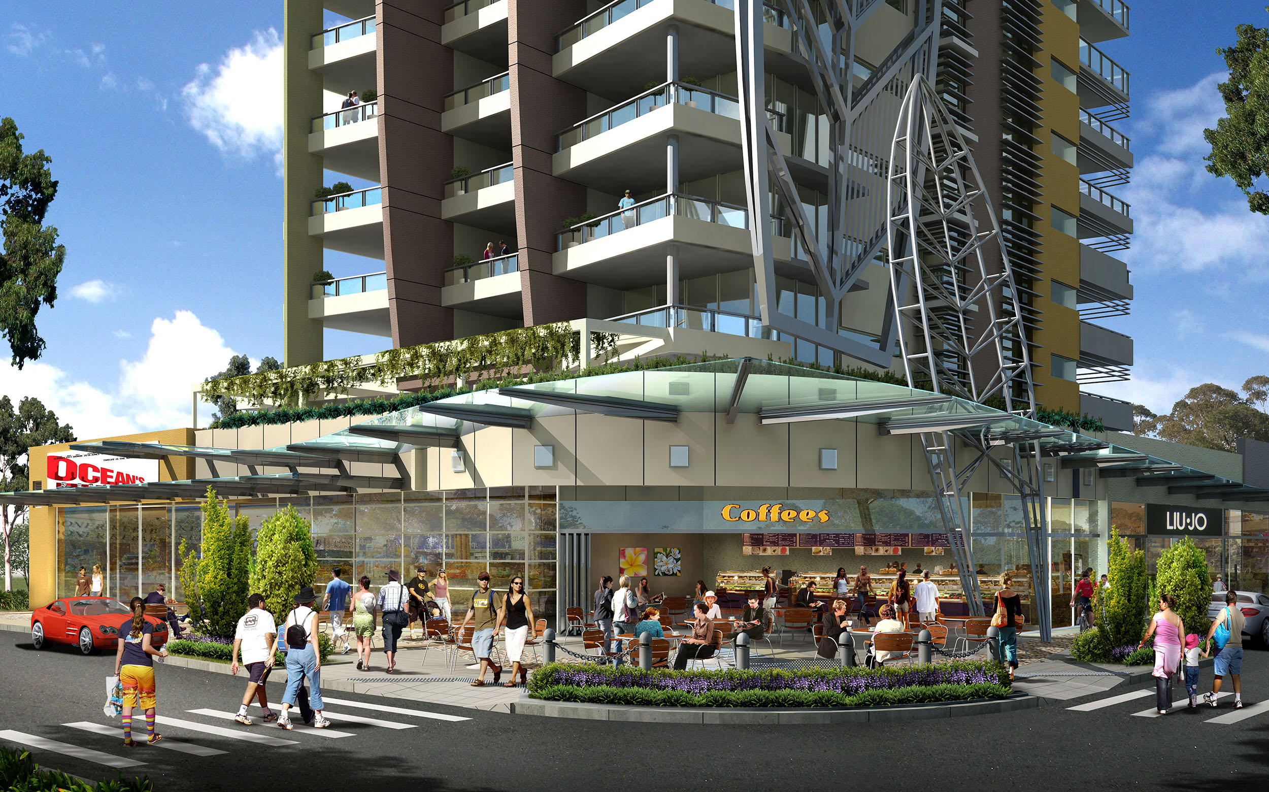 View of the ground level of a mid-rise mixed-use apartment building, showcasing a vibrant commercial tenancy occupied by a coffee shop. People can be seen socializing and relaxing outside the coffee shop.