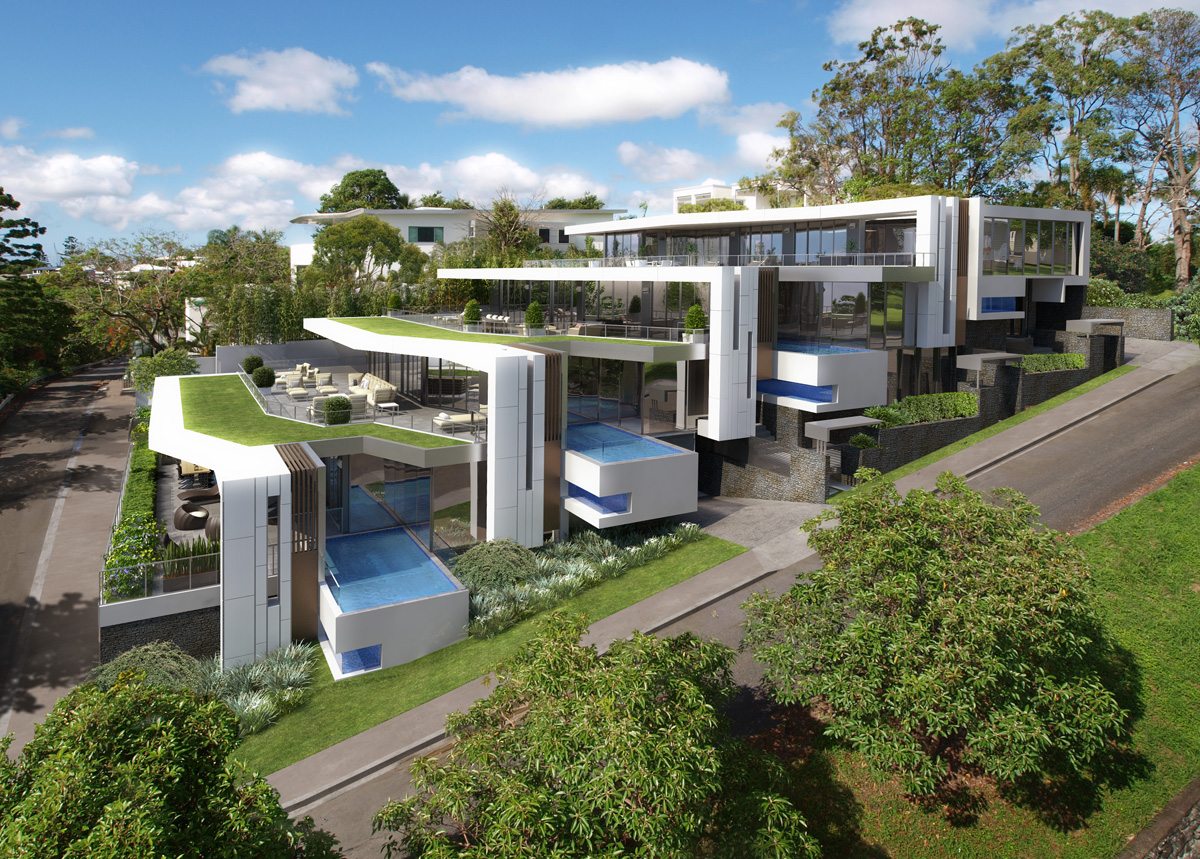 Exterior view of Main Avenue Bulimba housing development consisting of four luxury residences. The design features strong geometric elements that define the built form, with each unit featuring an adjacent pool as it steps up the hill. The residences boast spacious outdoor living spaces.