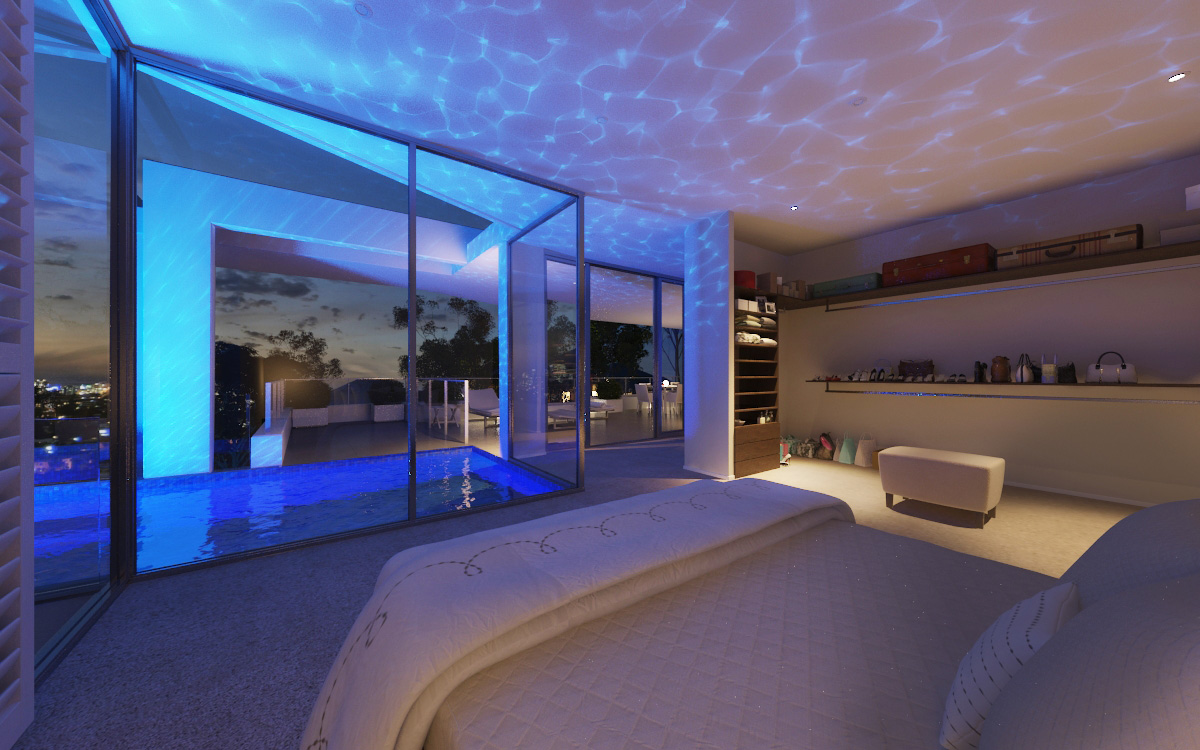 uxurious residence bedroom at night with floor-to-ceiling glass offering a captivating view of the pool. The blue light reflecting from the pool fills the room, while the distant Brisbane city skyline adds a touch of urban elegance.