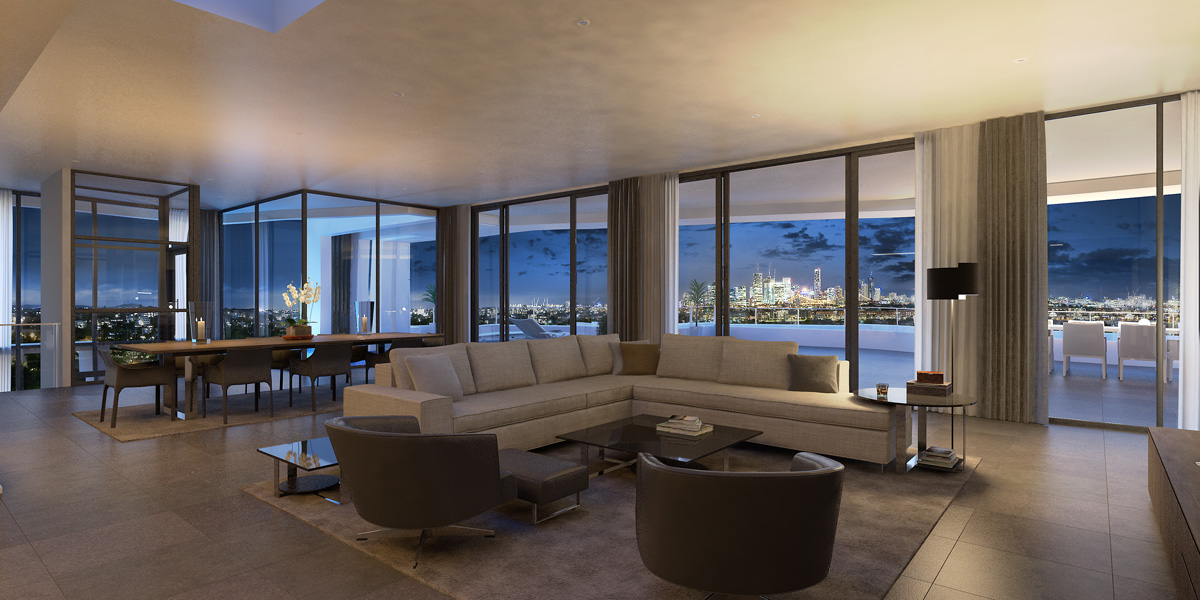 Render of a luxurious residence interior with a stunning nighttime view of the Brisbane city skyline. The blue reflected light from the pool illuminates the roof of the balcony, casting a captivating glow into the living space.