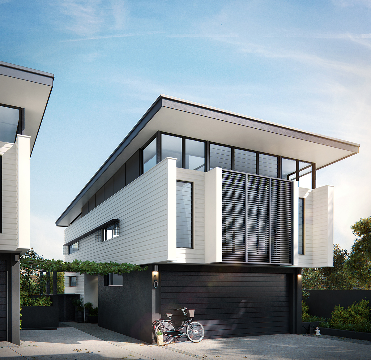 Duplex townhouse featuring contrasting black ground floor and white upper floor, adorned with timber cladding and aluminum battening. Sunlit interior with a sloped roof adorned with windows.