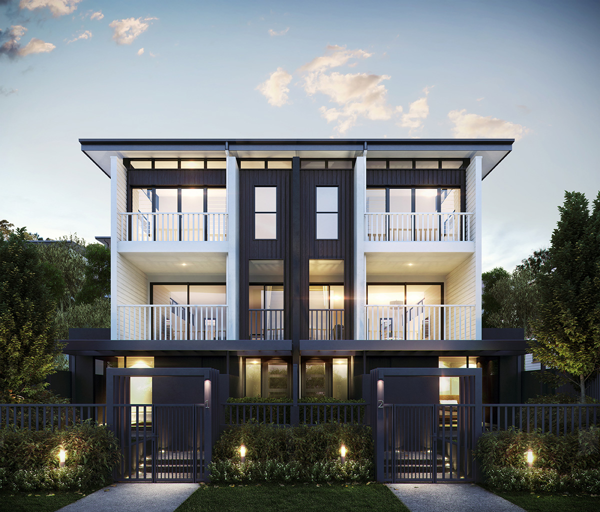 Exterior view of a three-story townhouse featuring balconies on the second and third levels. The house showcases a sleek black and white color scheme, exuding a modern and premium aesthetic.