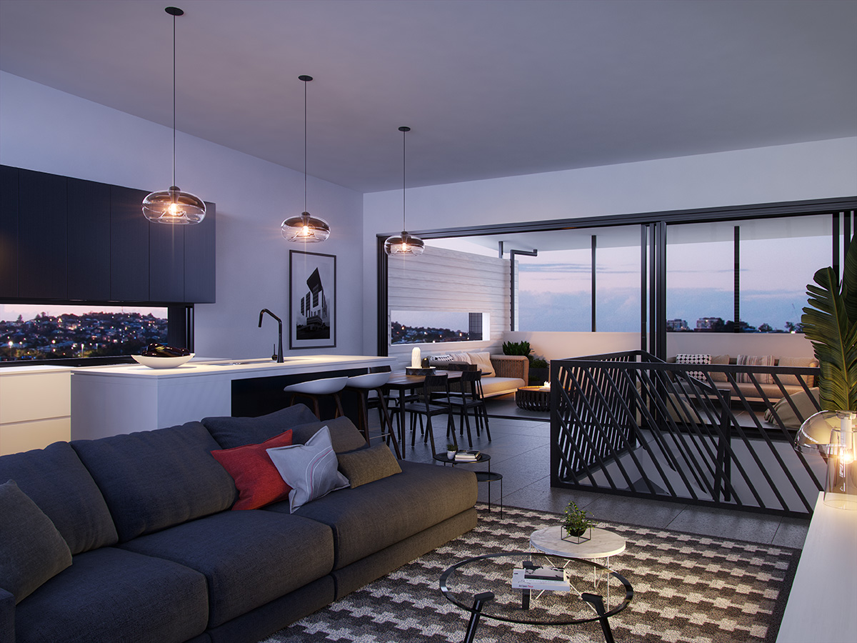Inviting interior of a residential home featuring a lounge, kitchen, and dining area. The space boasts a striking white and black color palette, complemented by premium furniture. A spacious balcony is accessible through a large sliding door, creating a seamless indoor-outdoor connection