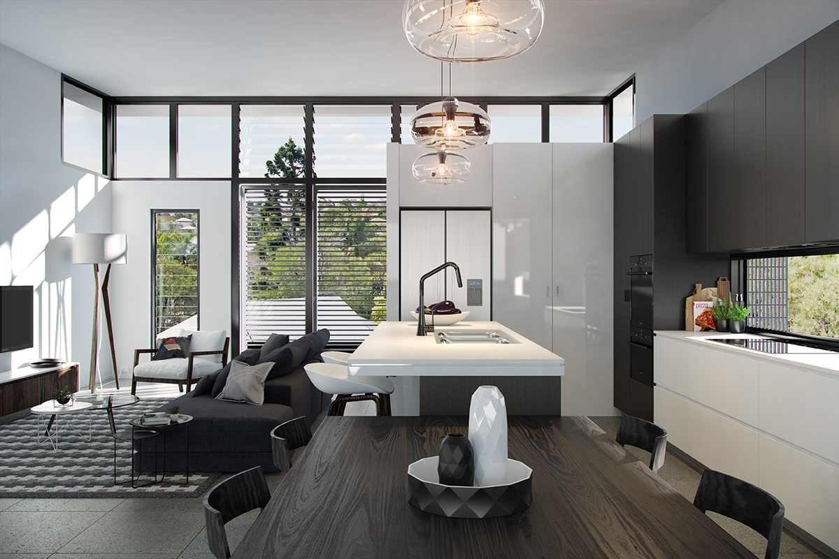 Stylish interior lounge and kitchen area of a townhouse, showcasing a striking black and white color palette with elegant dark timber accents. The room is adorned with modern, premium furniture, creating a captivating contrast.