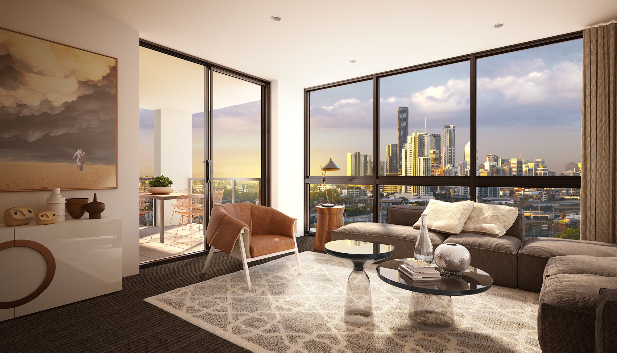 Modern apartment lounge room with floor-to-ceiling glazing offering panoramic views of the Brisbane skyline and stylish contemporary furniture.