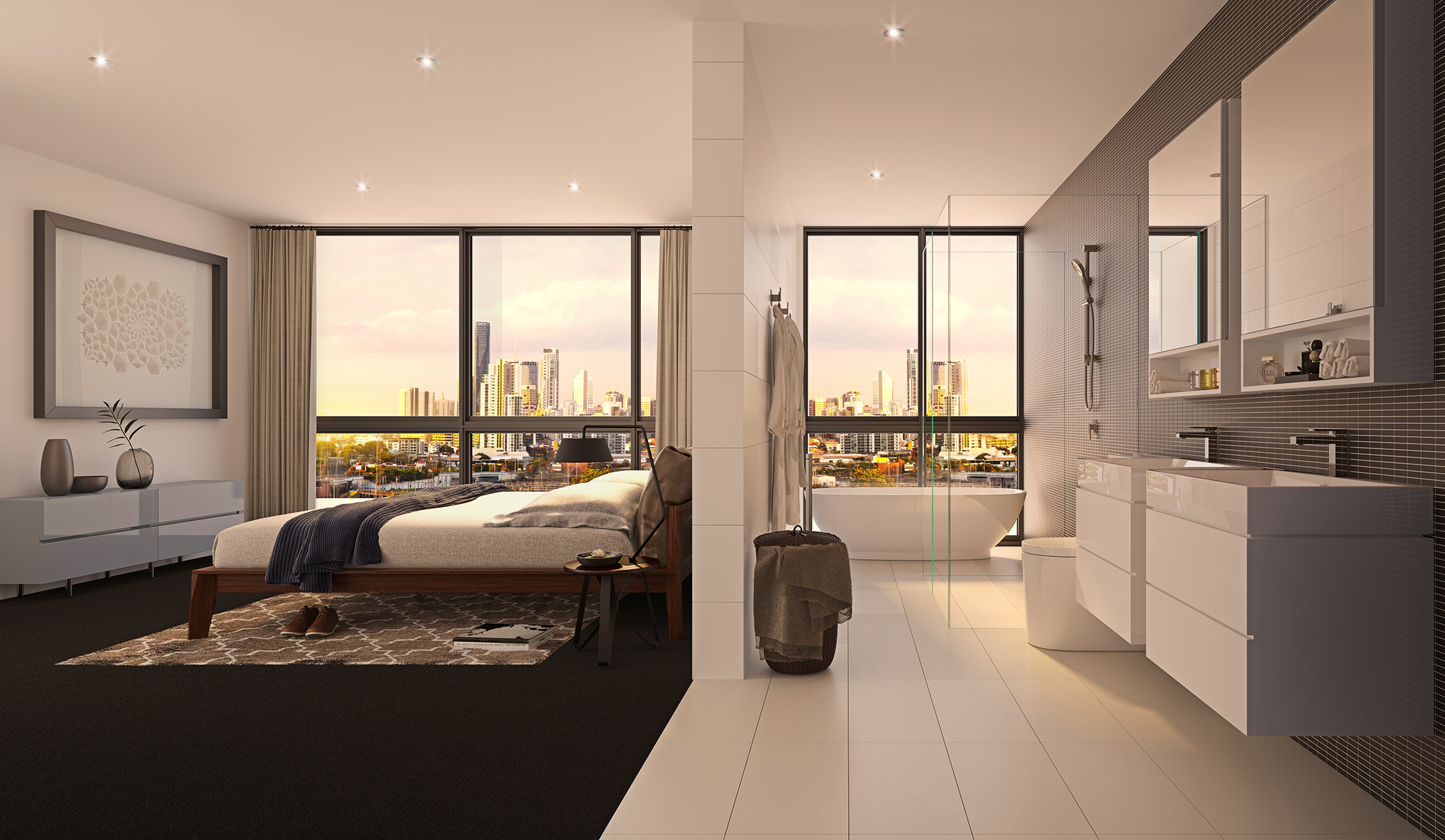 Master bedroom and ensuite in an apartment with a stunning view of the Brisbane city skyline. The ensuite bathroom features a freestanding bathtub positioned next to the floor-to-ceiling glazing, and a stylish black and white color scheme.