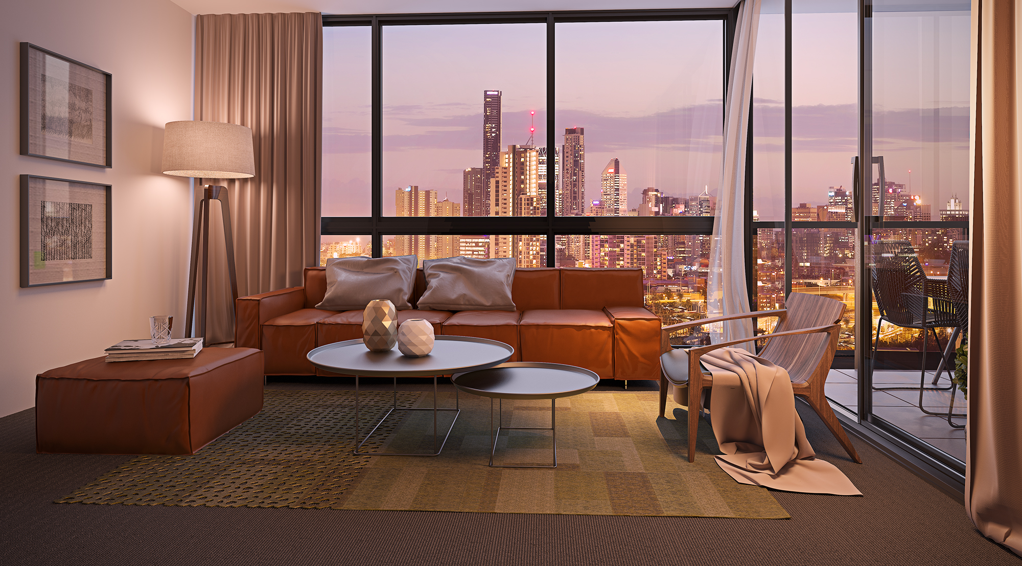 Modern apartment lounge room with floor-to-ceiling glazing offering panoramic views of the Brisbane skyline and stylish contemporary furniture.