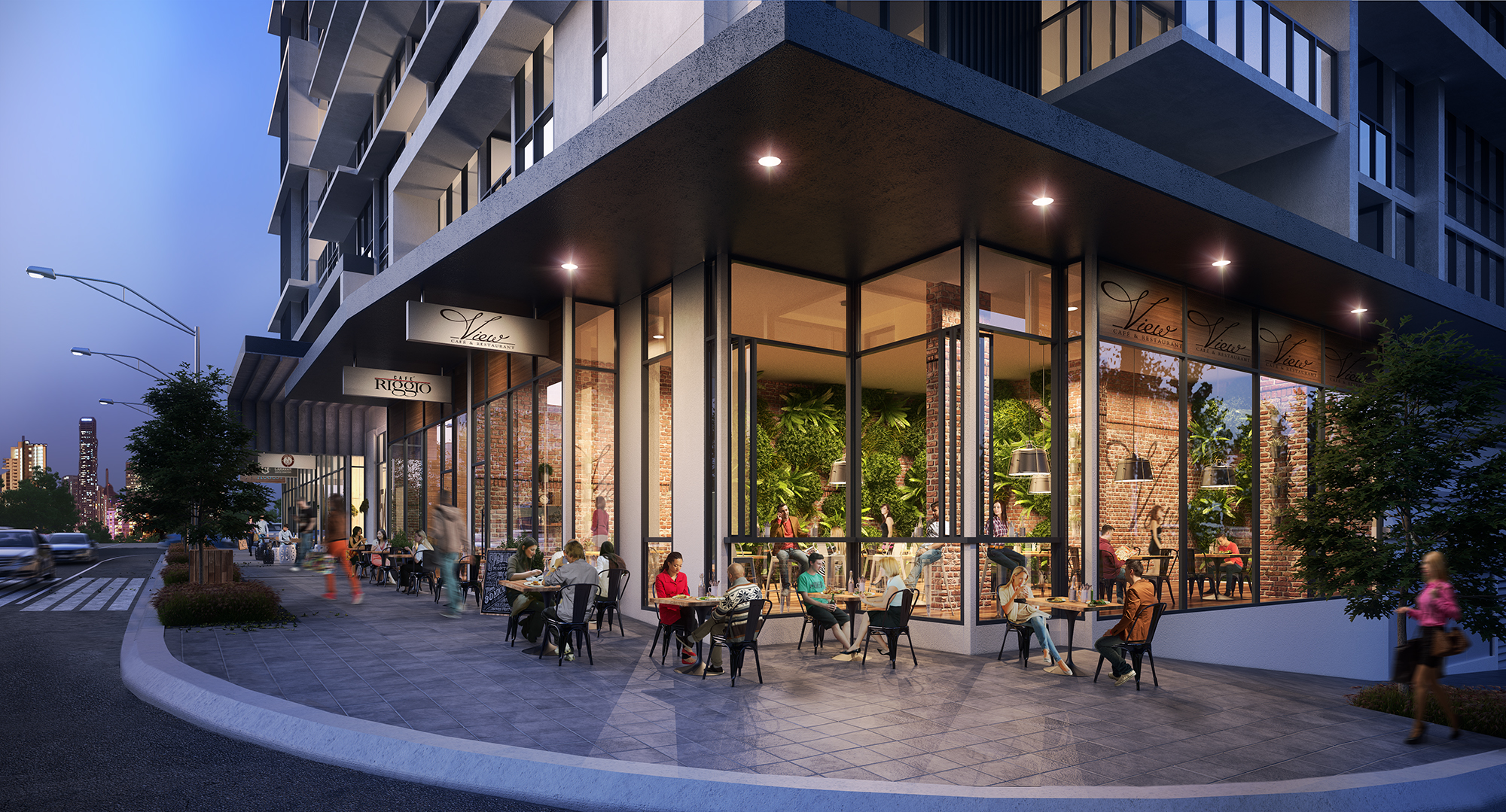 Commercial tenancy at the ground level of an apartment building, featuring brick interior finishes, floor-to-ceiling glazing, and outdoor seating area with bustling activity.