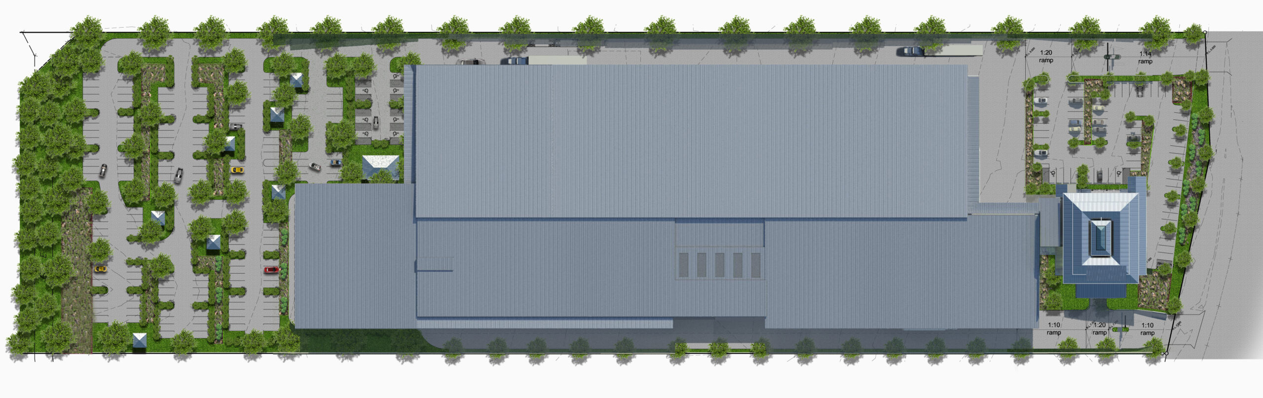 Site plan showcasing a warehouse building, an office building, extensive car parking, and surrounding planting areas.