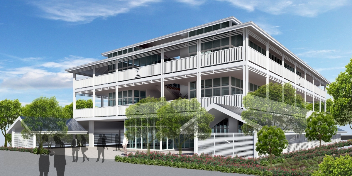Office spaces in Queenslander style design featuring shaded ground level outdoor areas and full wrapping balconies on both upper levels.