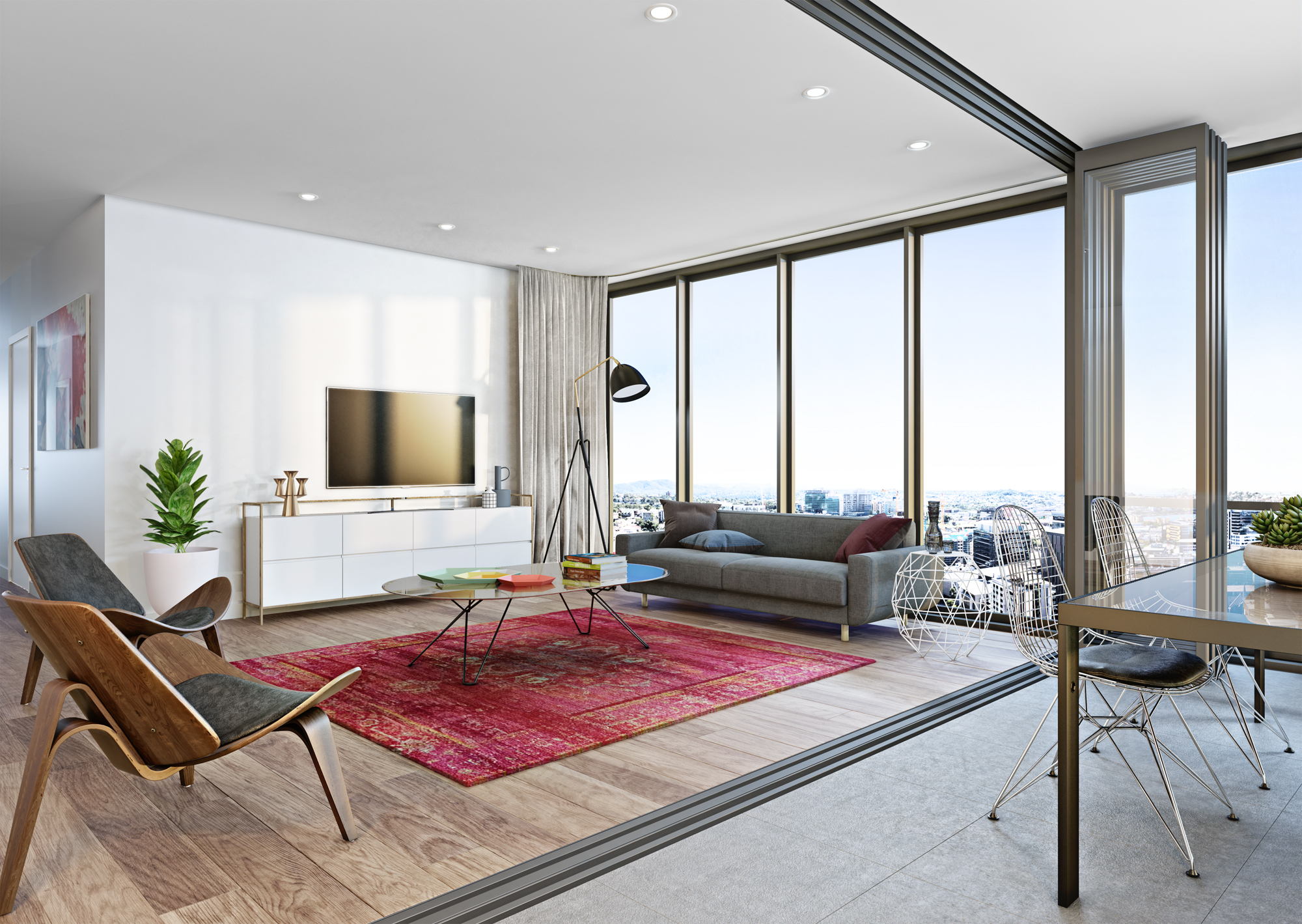 Apartment living room with an open operable panel glass sliding door, providing seamless connectivity to the balcony and allowing for airflow and abundant natural daylight