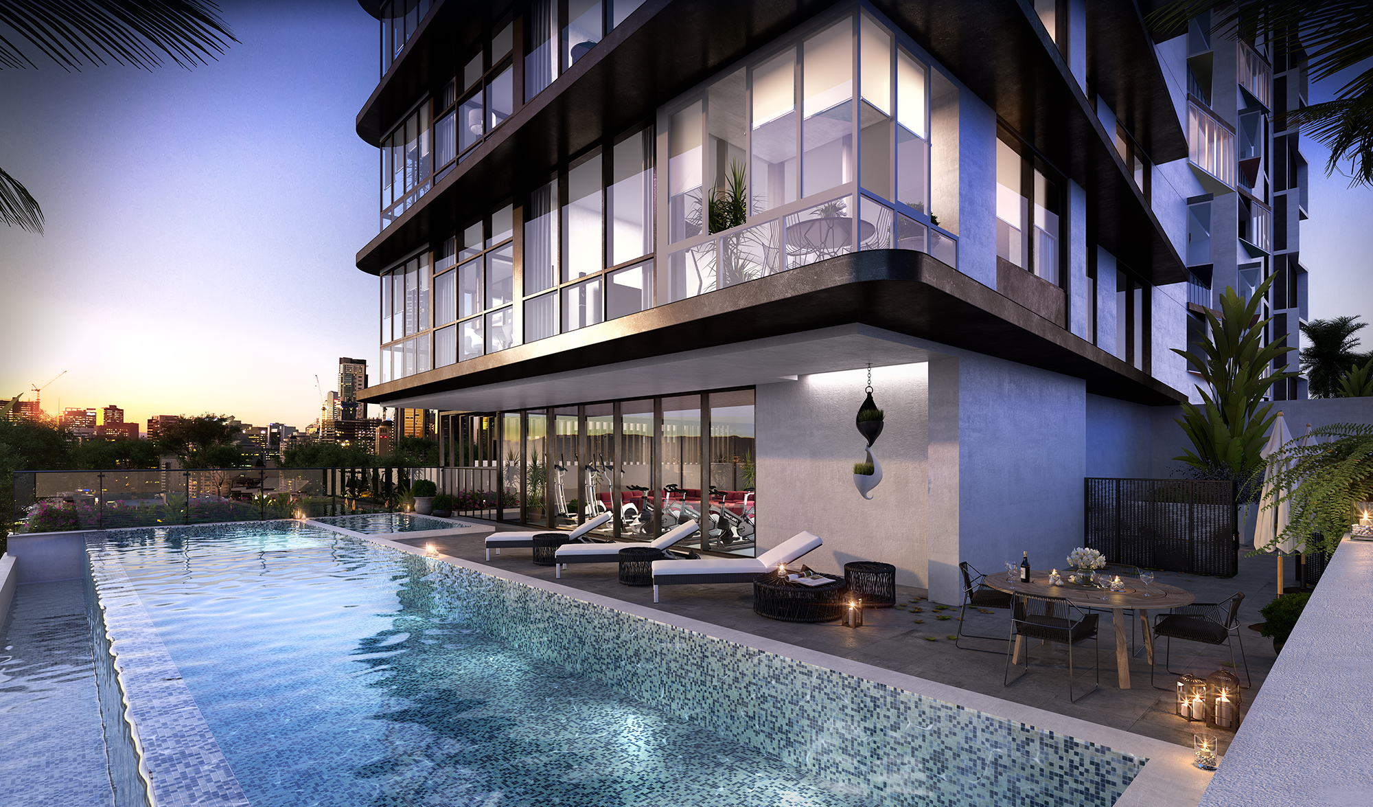 Pool area of an apartment building featuring an infinity pool and comfortable lounge seating. The pool area is located adjacent to a gym space and is overlooked by apartments in the tower above.