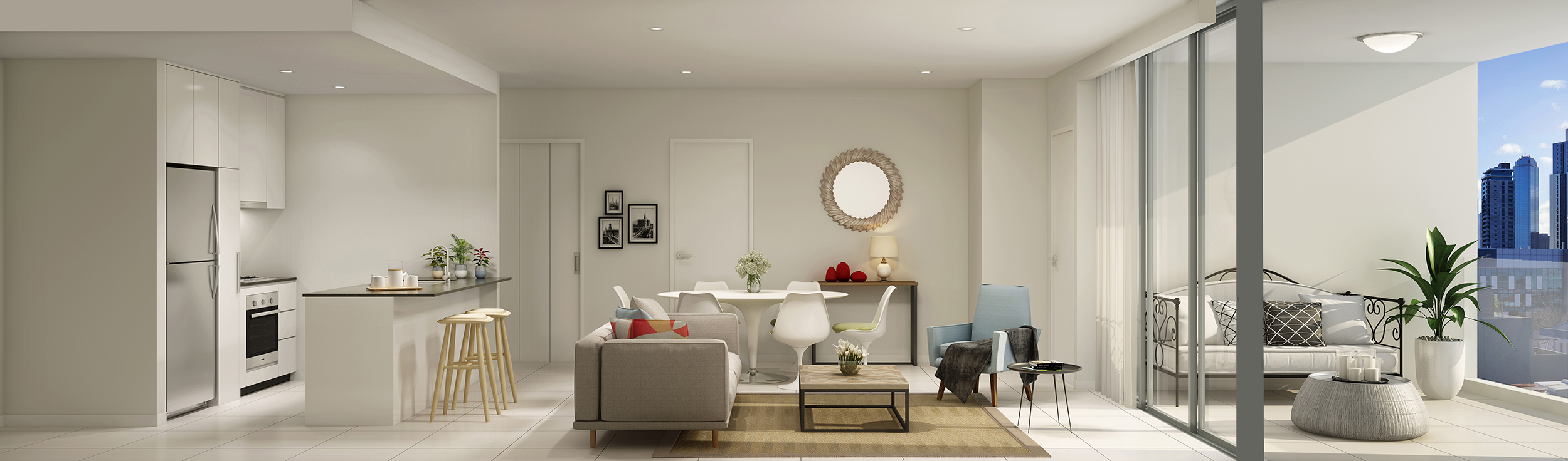 cross section of a living space within the winn showing an open plan living area