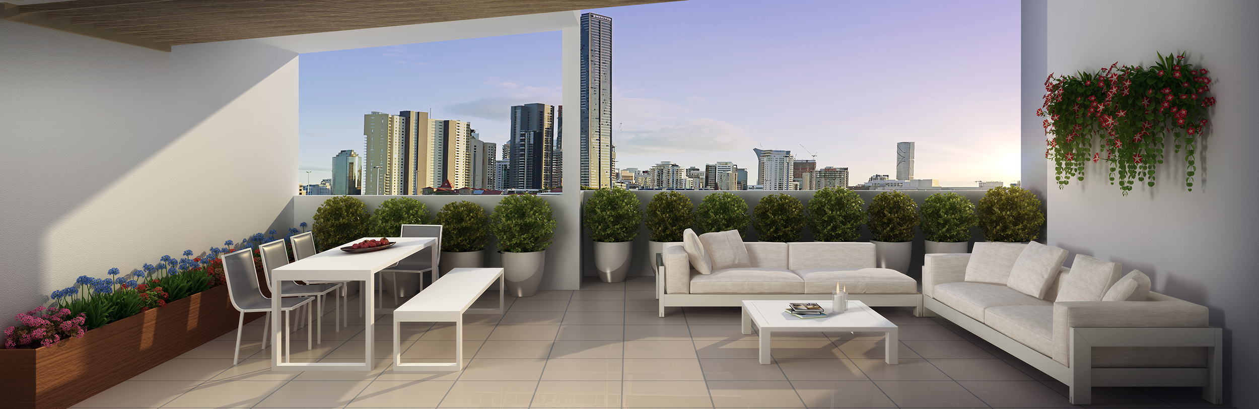 large balcony of the winn with panoramic views of the brisbane city skyline and balcony planting