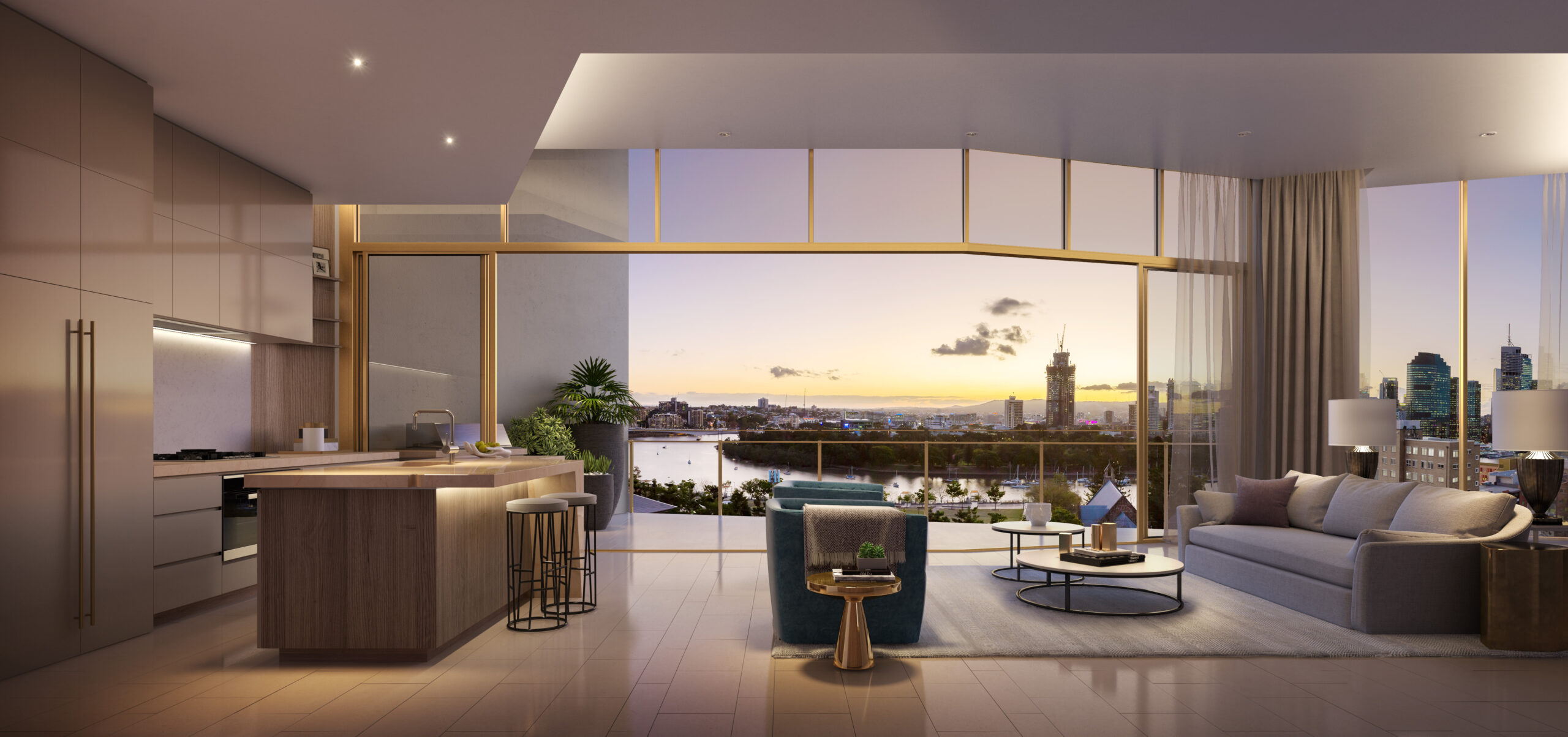 Luxurious interior of a penthouse in a high-class residential building, featuring a premium tile floor and gold-finished mullions on the facade. The interior space is adorned with high-end furniture, showcasing the kitchen and lounge area. A large balcony offers a breathtaking view of the Brisbane skyline.