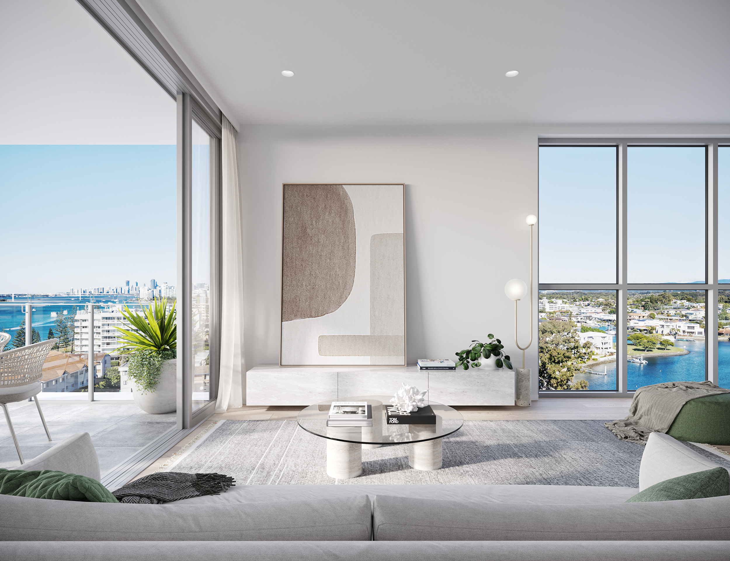 Inviting apartment living room with a large sliding door that opens up to a balcony, offering panoramic views of the ocean and the stunning Gold Coast skyline. The room's color palette reflects the coastal proximity, creating a beach-inspired ambiance.