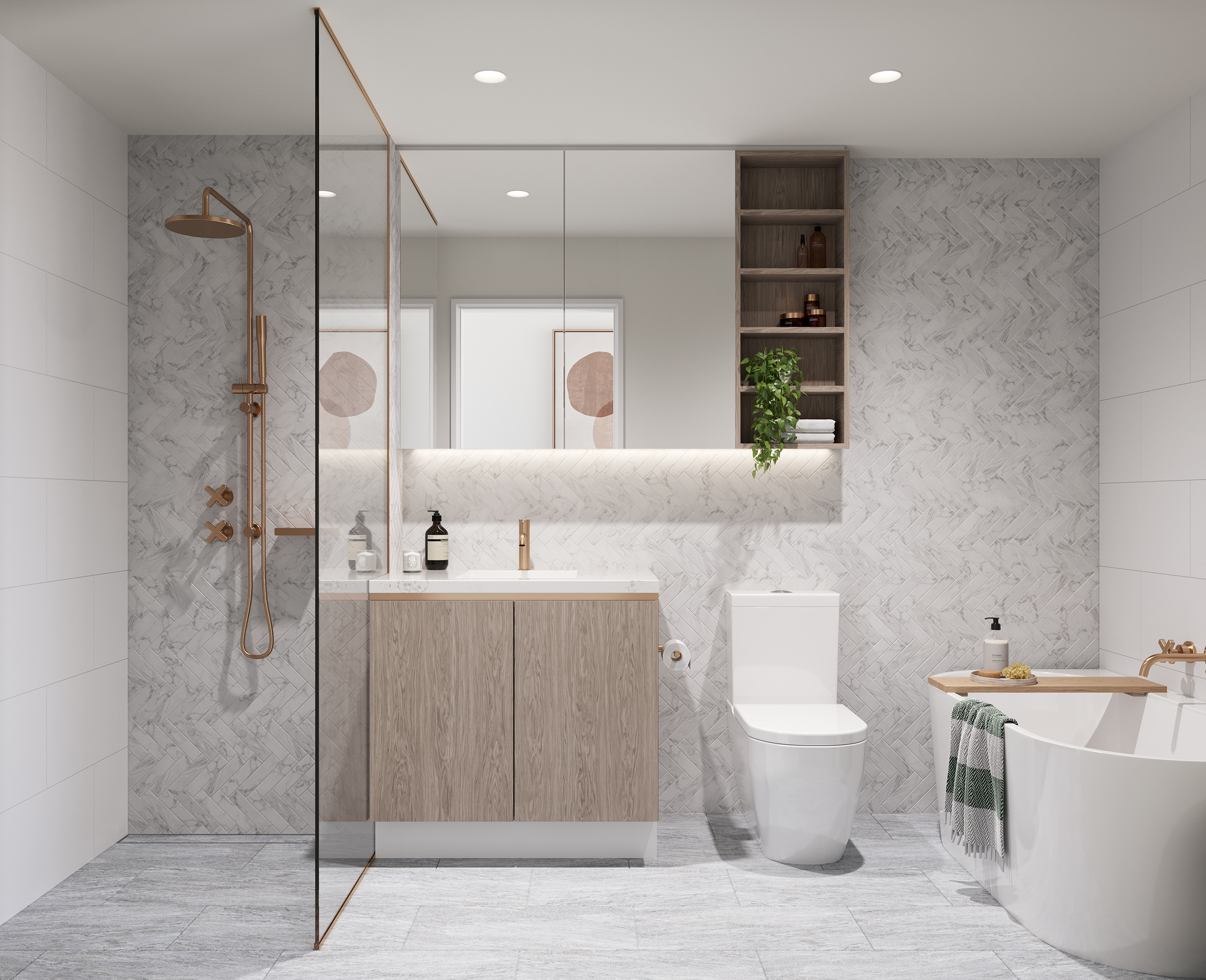 Inviting bathroom in a residential apartment, featuring white tile floors and herringbone-patterned tiles on the walls. The color scheme incorporates white tiles, copper metal accents, and natural timber finishes on the joinery.