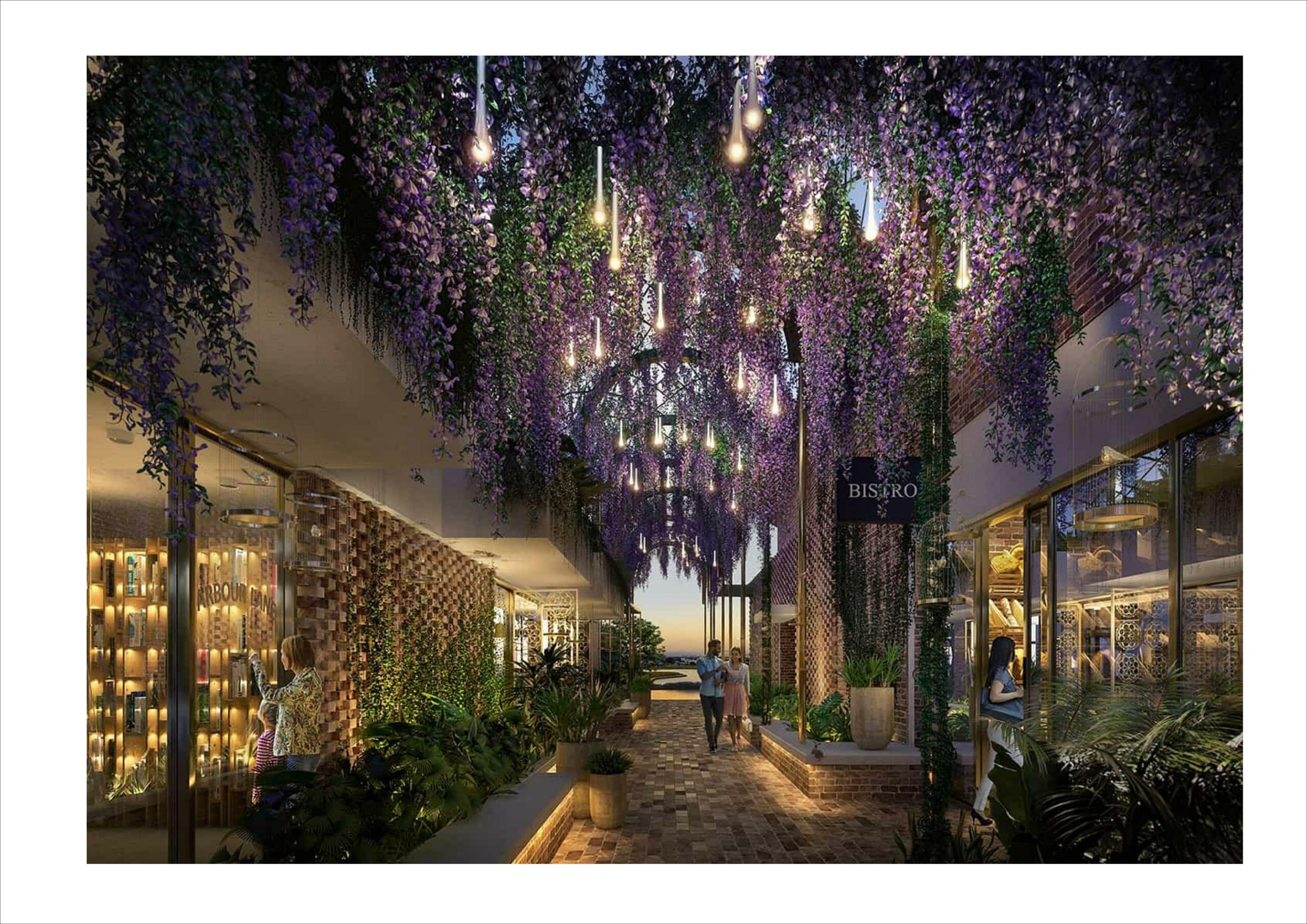 A walkway between two modern brick commercial tenancies with a beautiful arbor overhead adorned with purple flowers and hanging lights at sunset