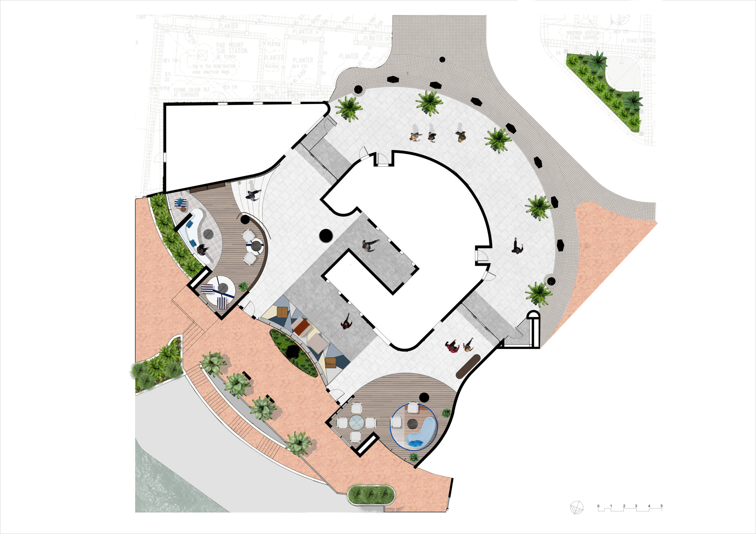 Floor plan of a residential apartment lobby showcasing reading spaces, indoor and outdoor areas, a porte cochere, and a planting area.