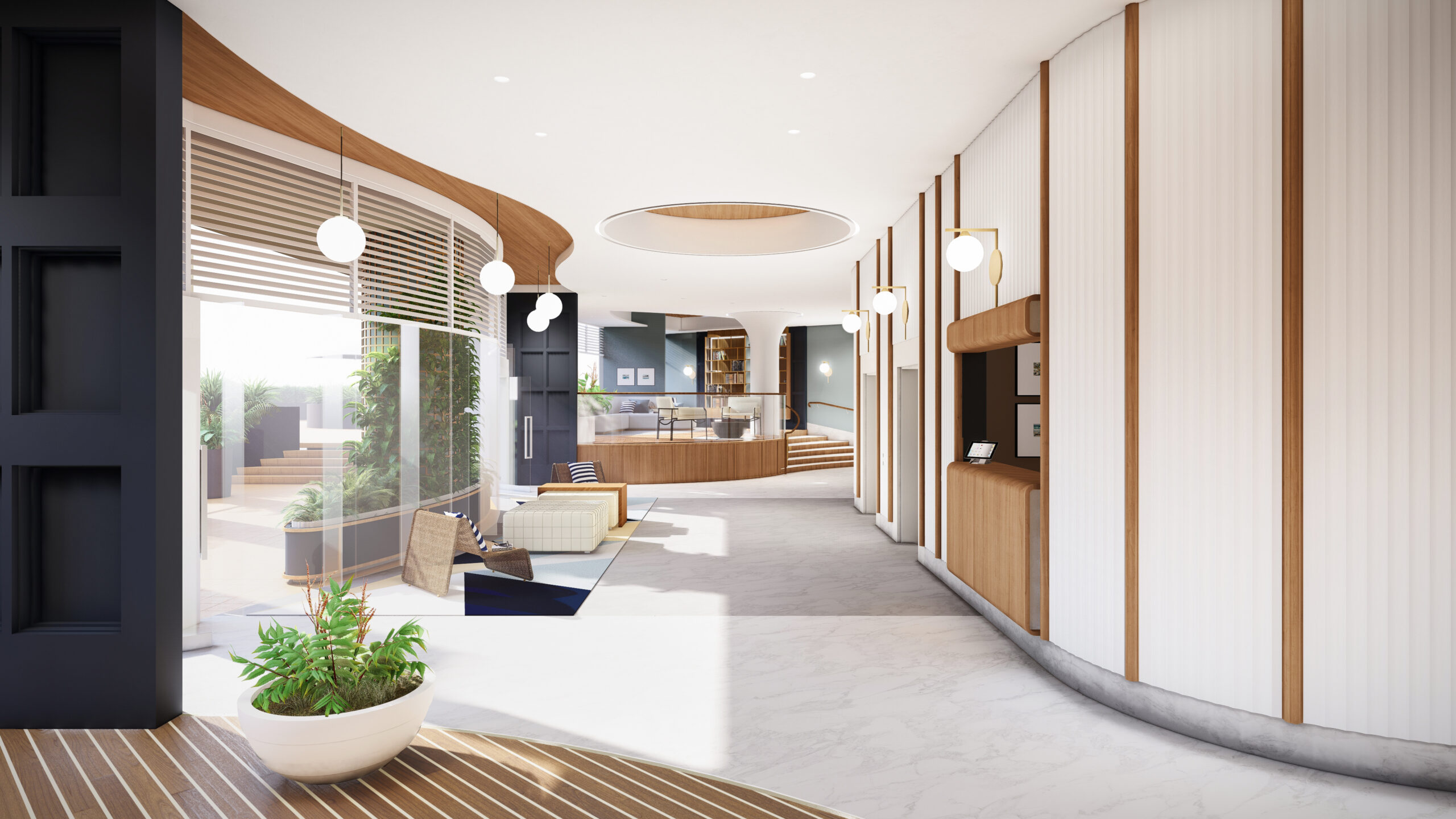 Lobby of a residential apartment building with white stone floors, navy coffered walls, and dark walnut timber details. The space features modern furniture, ample natural light, and an inviting ambiance.