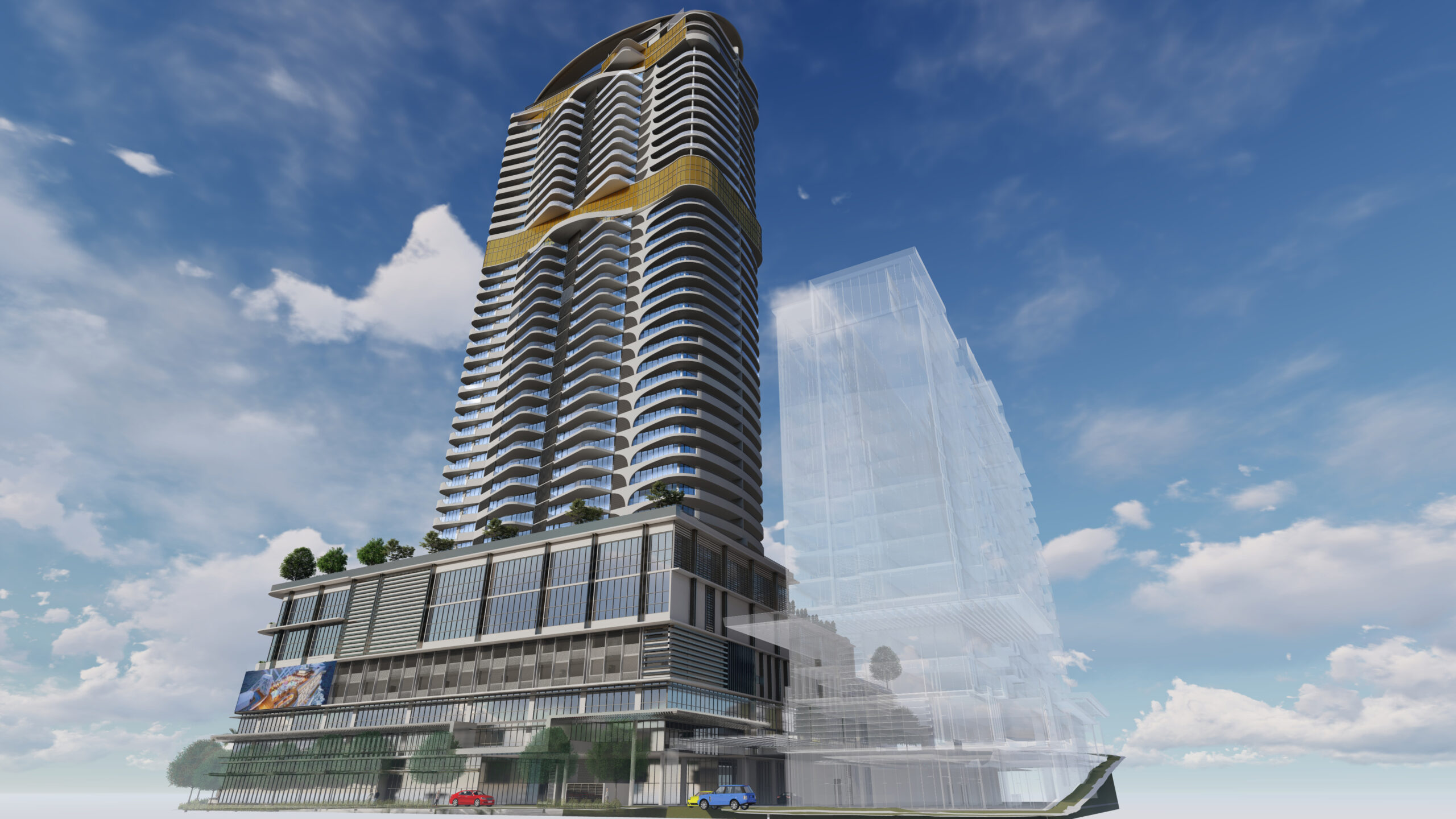 Aerial view of Monarch Place featuring a 6-story podium with integrated commercial and retail spaces, as well as aged care living spaces. The tower rises 40 stories high, adorned with gold accents and blue glazing. A floating blue halo adds a distinctive touch above the tower.