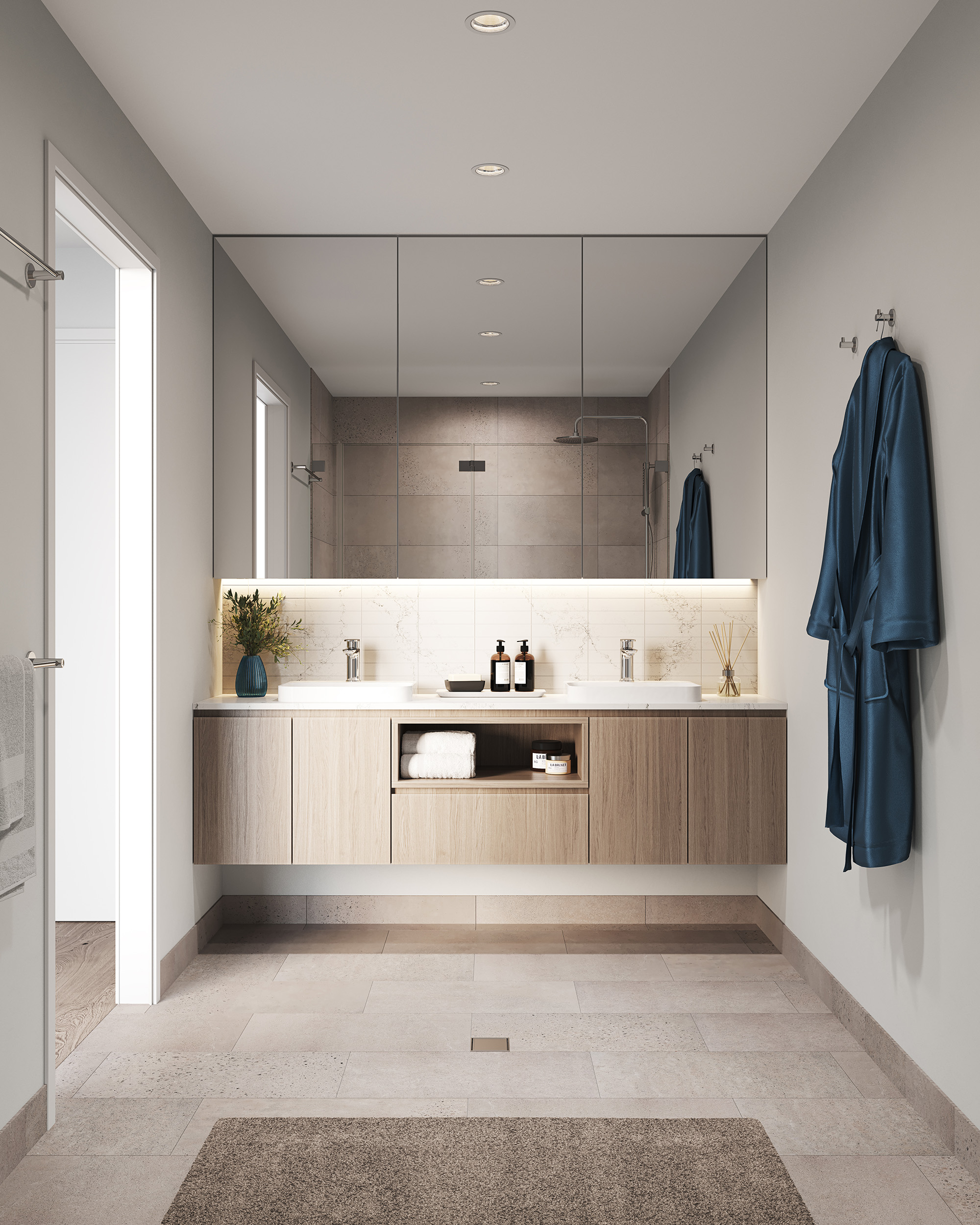 Image of a stylish bathroom vanity and mirror featuring light timber finishes and a light beige tiled floor.
