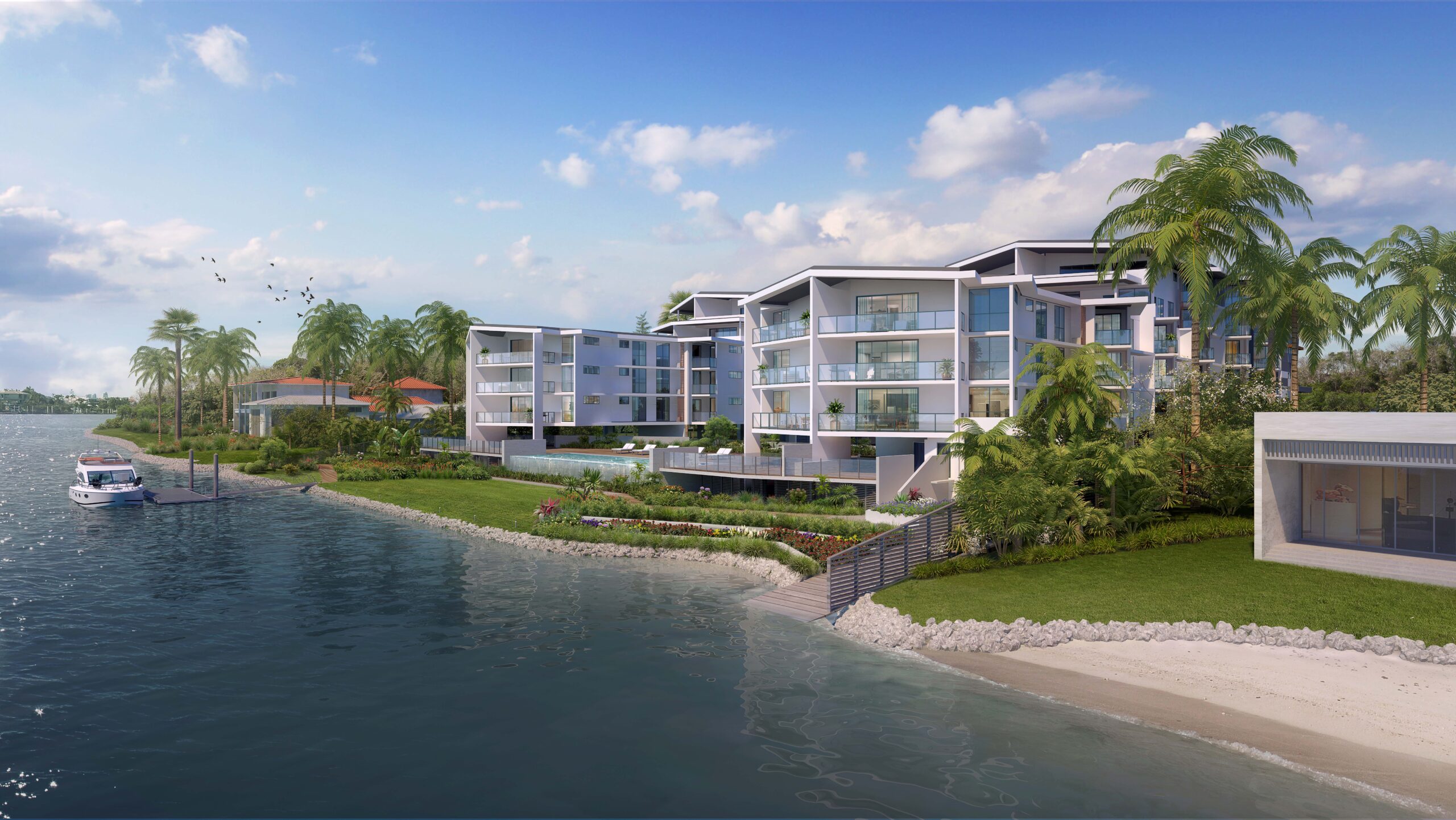 View across the river towards the apartment development showcasing the proximity to the water