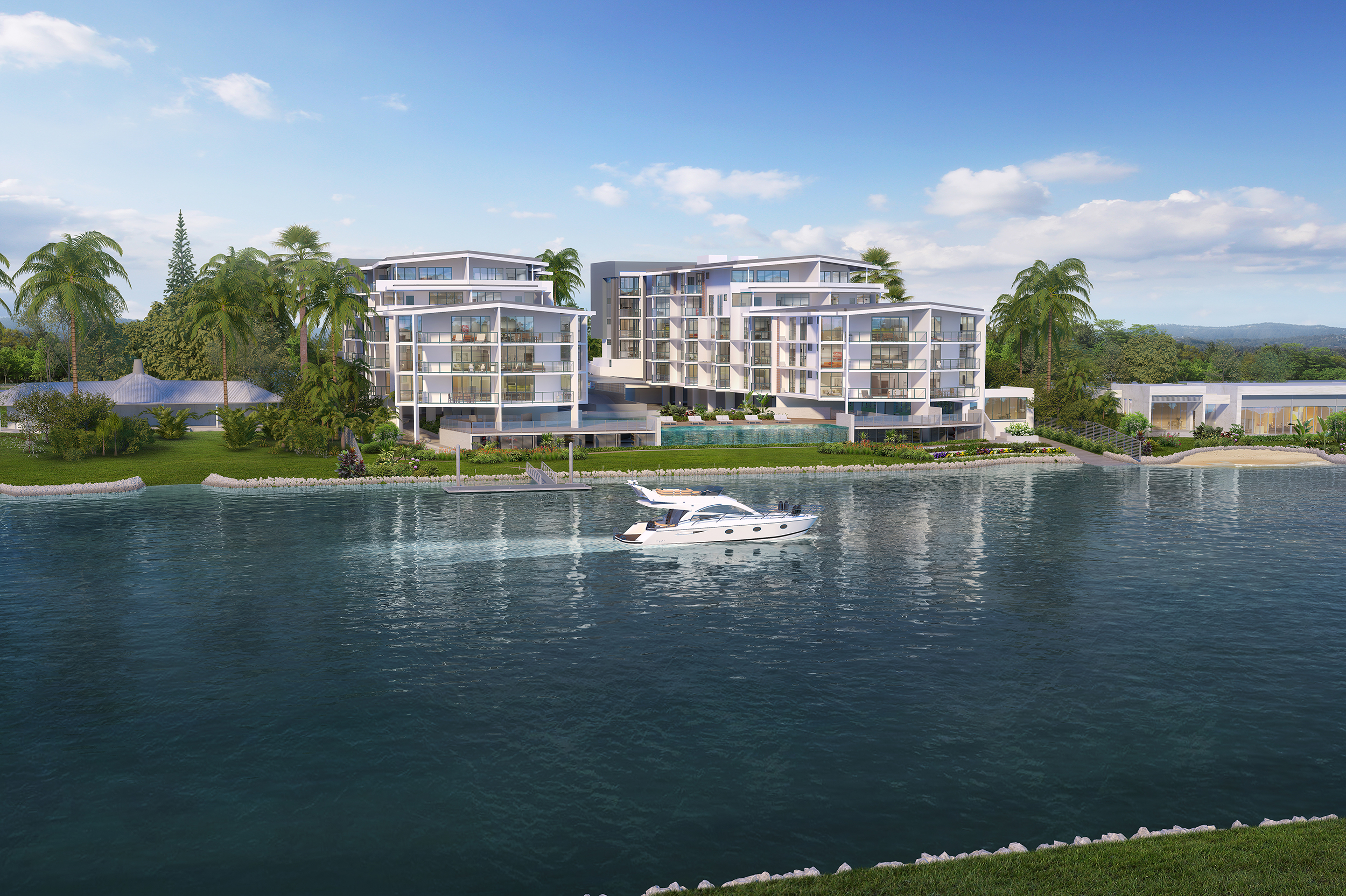 View across the river towards the apartment development showcasing the proximity to the water