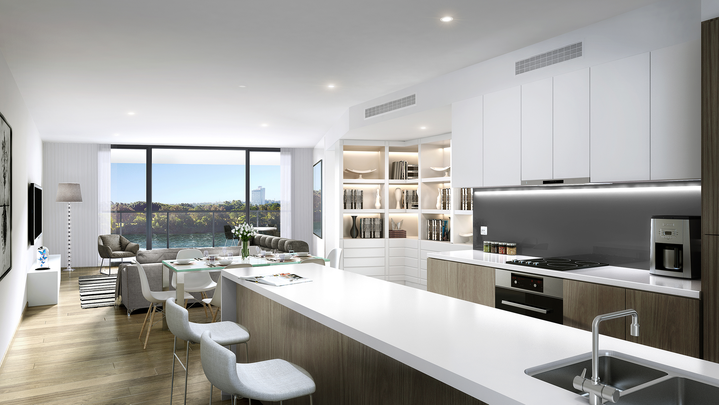 Kitchen of a riverfront residences kitchen showcasing its open layout and light colour scheme