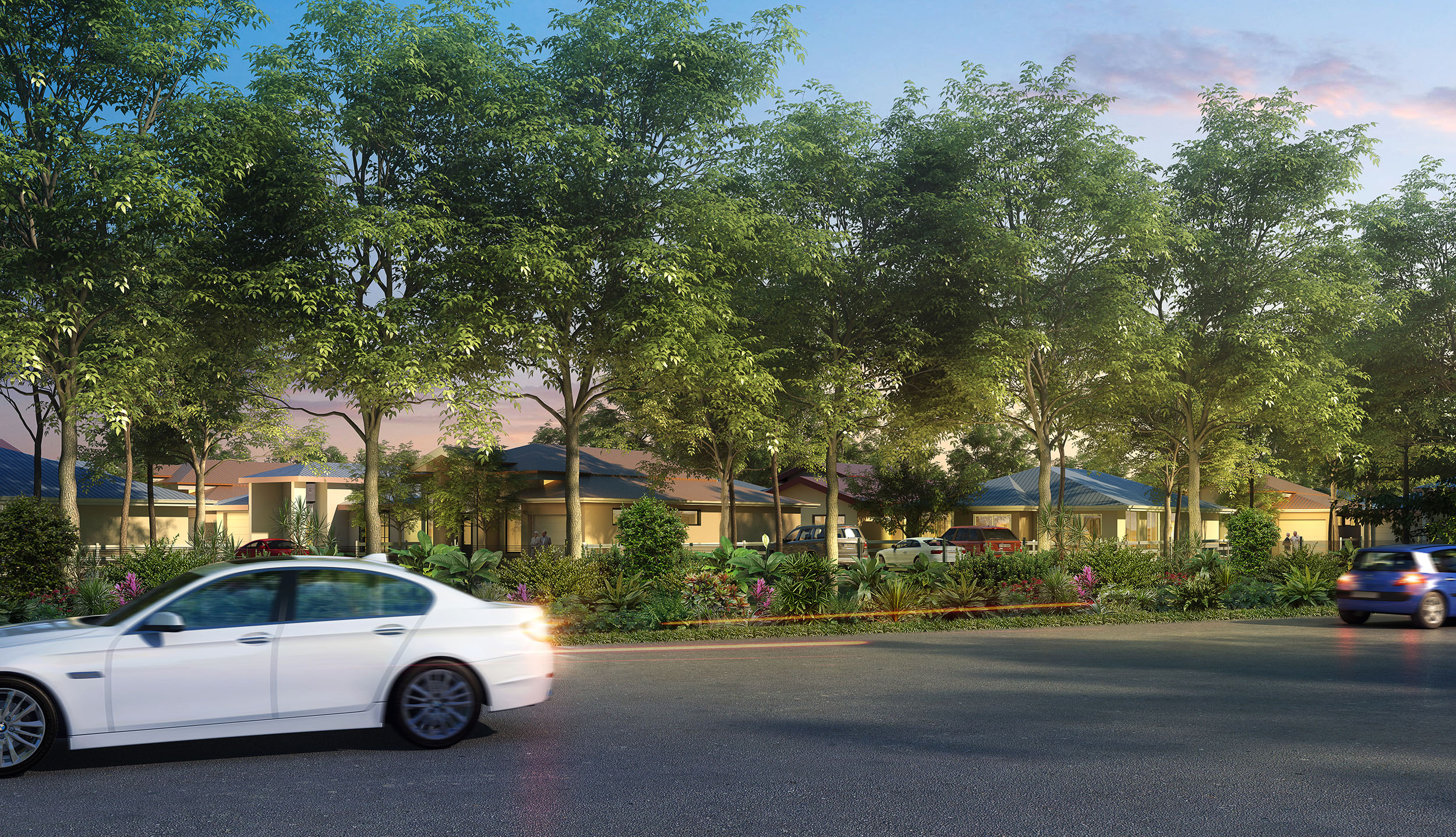 view from inside of the diamond beach retirement village showing how street planting has been used to bring life to the streetscape