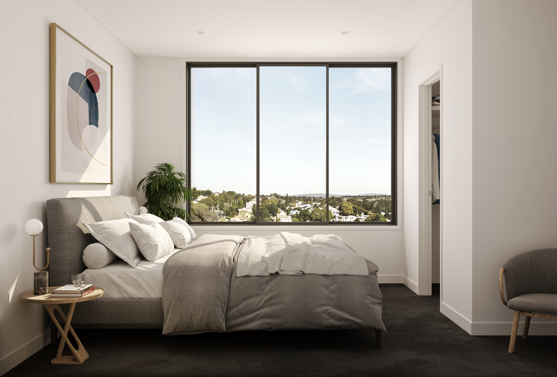 neutral toned bedroom space with a view out over toowoomba