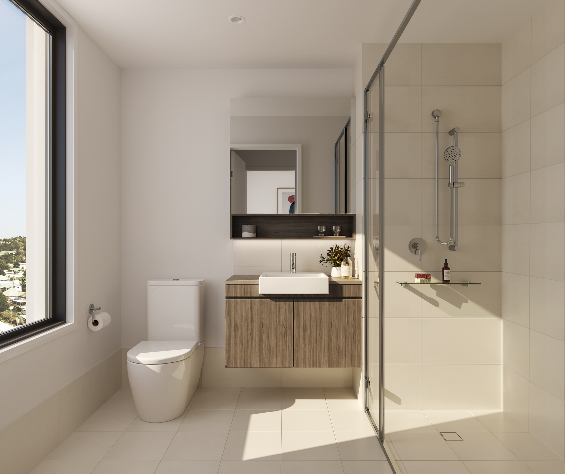 modern designed bathroom with abundant natural light through a large window