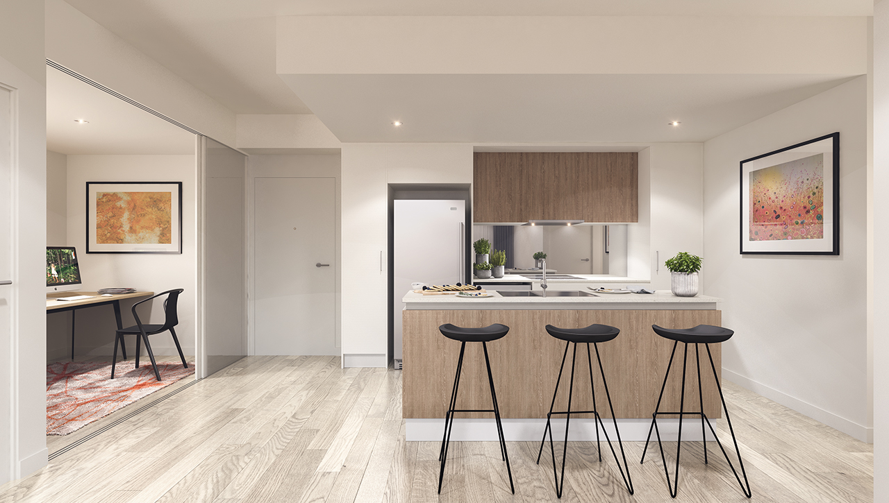 ivory residential apartments kitchen space showcasing timber accents and white finishes